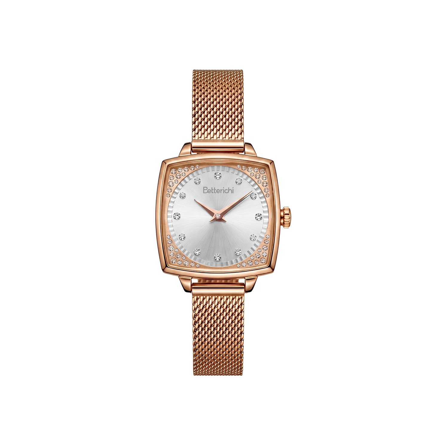 betterichi-womens-cushion-square-watch-silver-sunburst-dial-crystal-set-bezel-rose-gold-mesh-bracelet