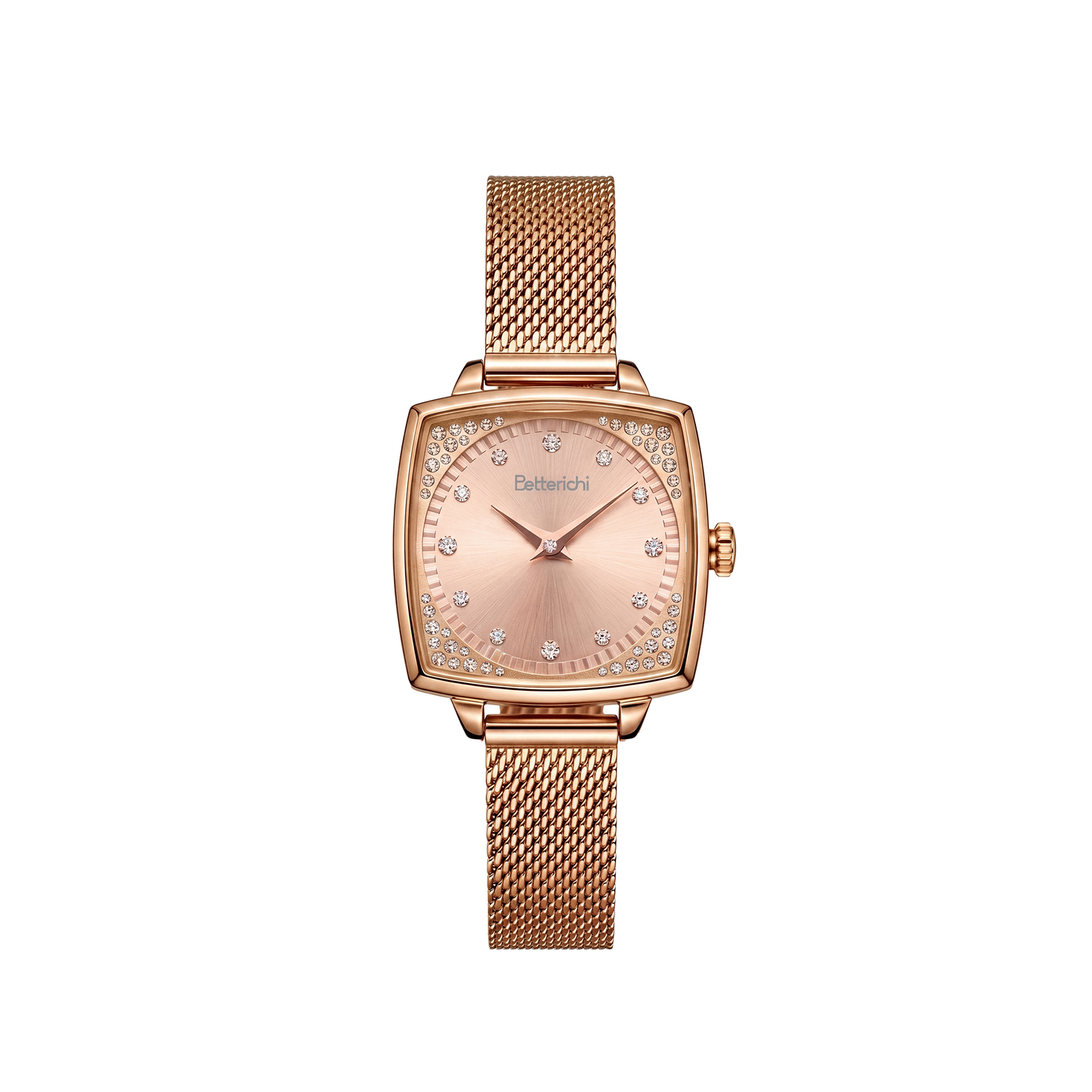 Betterichi-women_s-cushion-square-watch-with-rose-gold-sunburst-dial-crystal-set-bezel-and-rose-gold-mesh-bracelet