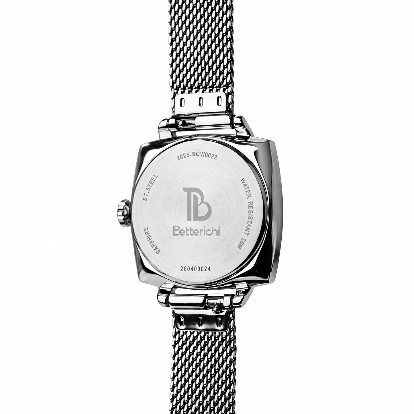 Close-up-of-Betterichi-women_s-silver-square-dial-with-crystal-set-bezel-and-polished-silver-mesh-bracelet-detail