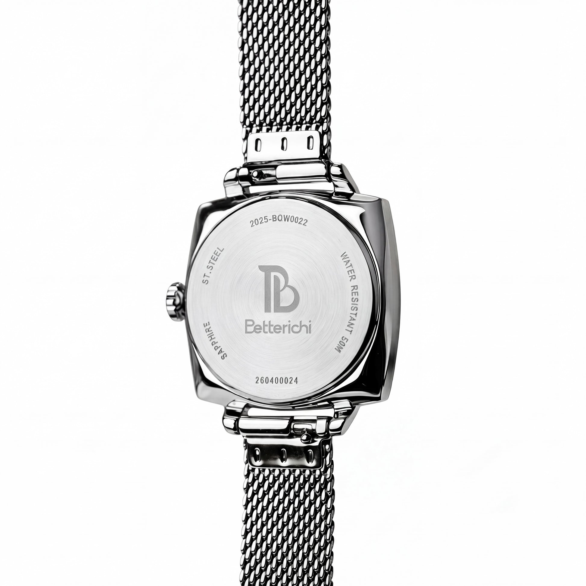 Close-up-of-Betterichi-women_s-silver-square-dial-with-crystal-set-bezel-and-polished-silver-mesh-bracelet-detail