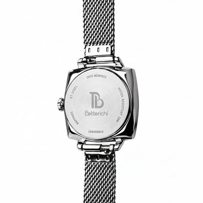 Close-up-of-Betterichi-women_s-silver-square-dial-with-crystal-set-bezel-and-polished-silver-mesh-bracelet-detail