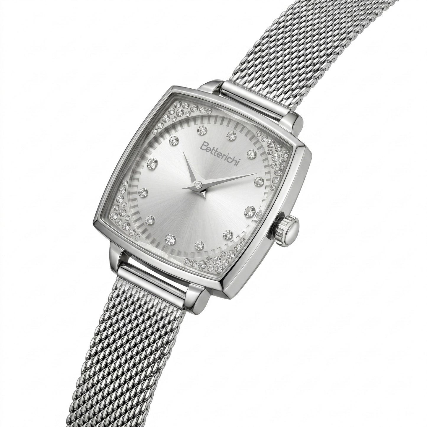 Elegant-ladies-square-watch-with-silver-mesh-bracelet-crystal-bezel-and-brushed-silver-dial-by-Betterichi