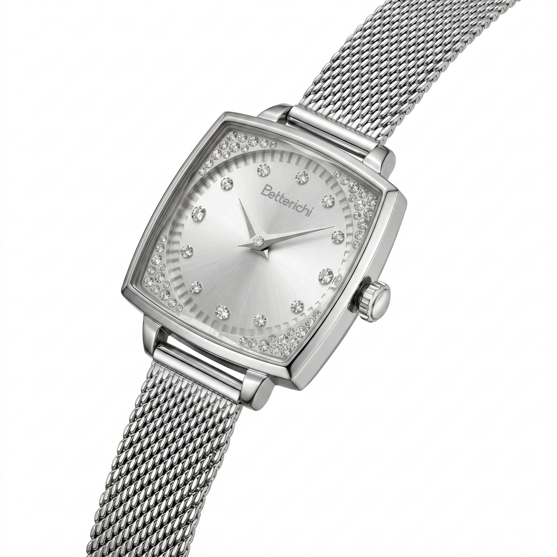 Elegant-ladies-square-watch-with-silver-mesh-bracelet-crystal-bezel-and-brushed-silver-dial-by-Betterichi