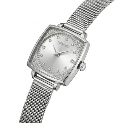 Elegant-ladies-square-watch-with-silver-mesh-bracelet-crystal-bezel-and-brushed-silver-dial-by-Betterichi