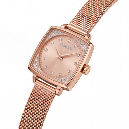 Trending-ladies-rose-gold-square-watch-with-full-mesh-bracelet-crystal-bezel-and-sunburst-dial-by-Betterichi