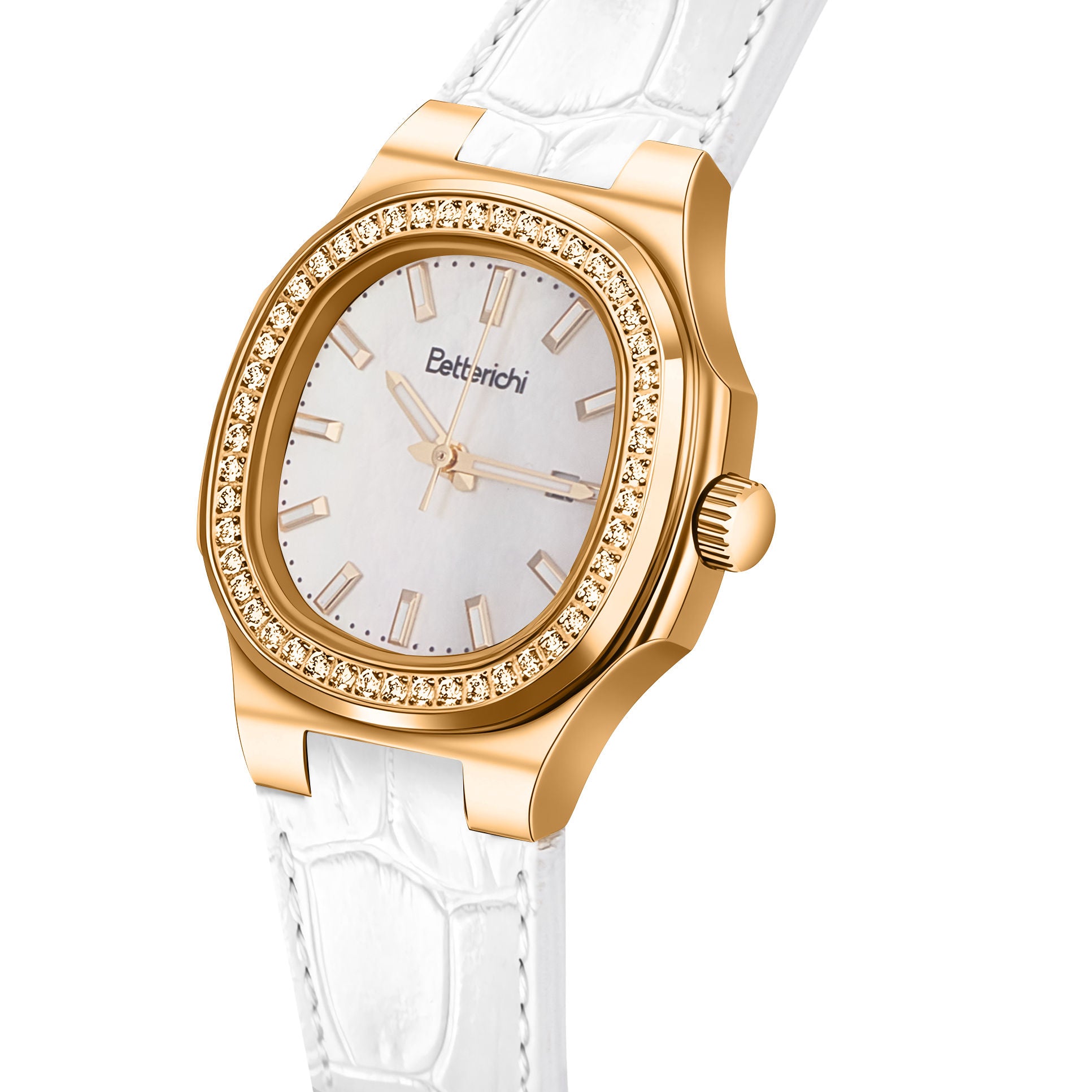betterichi-lumiere-aurelia-white-mop-dial-closeup-octagonal-crystal-bezel-gold-case-angle-view