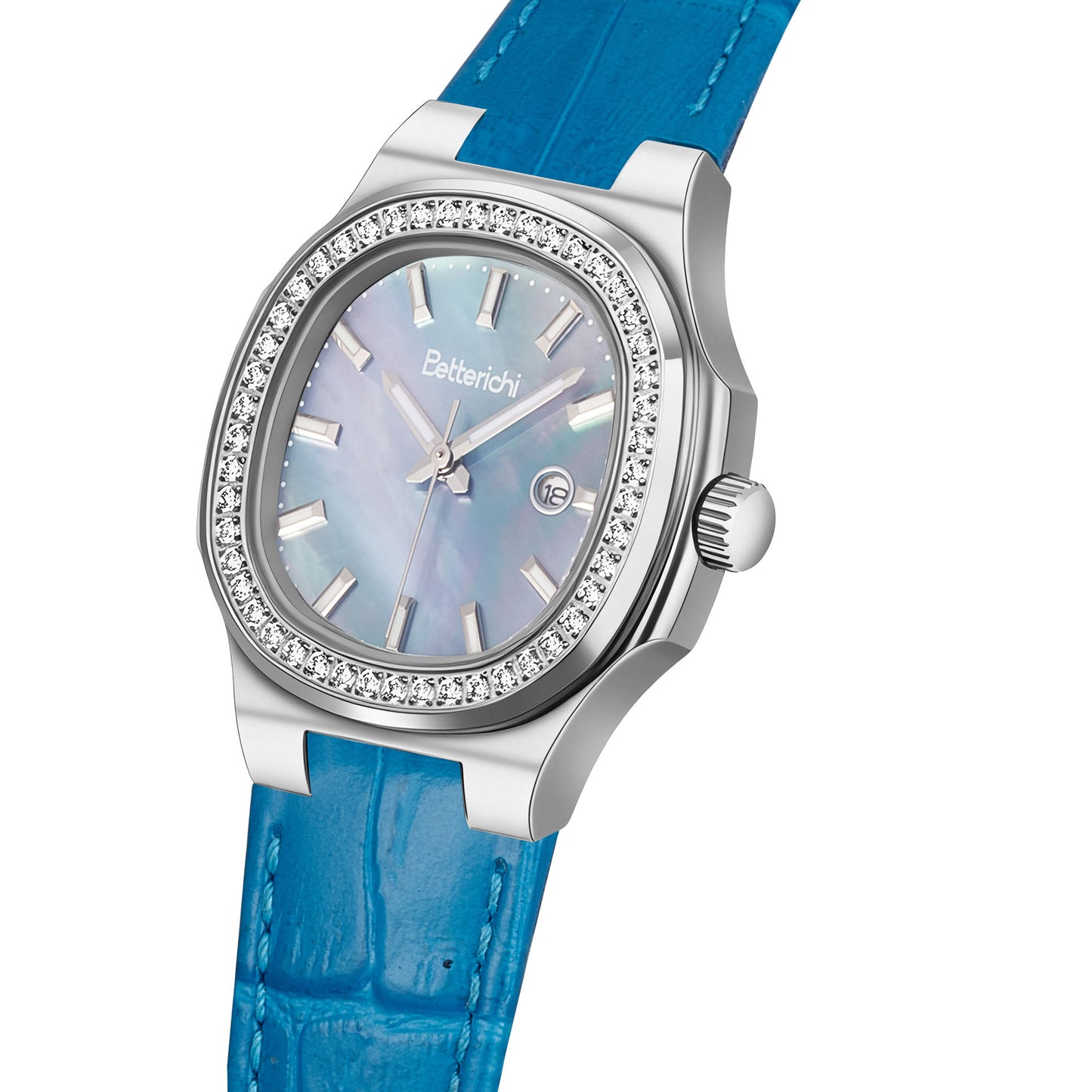 betterichi-lumiere-celeste-blue-mop-dial-closeup-octagonal-crystal-bezel-silver-case-angle-view
