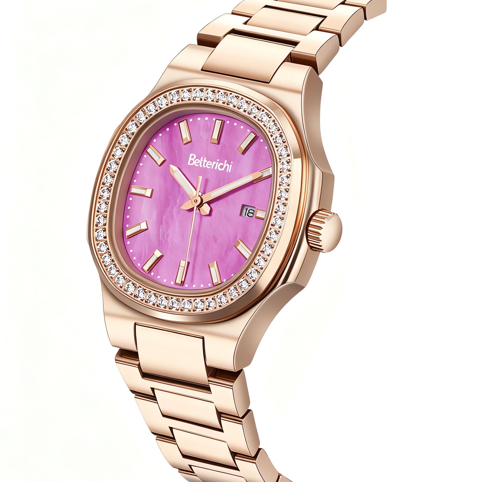 betterichi-lumiere-iris-purple-mop-dial-closeup-octagonal-crystal-bezel-rose-gold-case-angle-view
