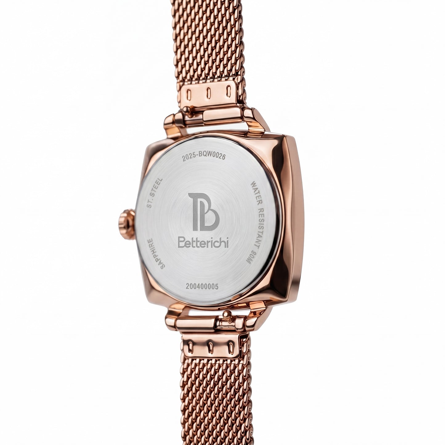 betterichi-women-watch-Close-up-of-rose-gold-square-dial-with-crystal-bezel-and-polished-rose-gold-mesh-bracelet-detail
