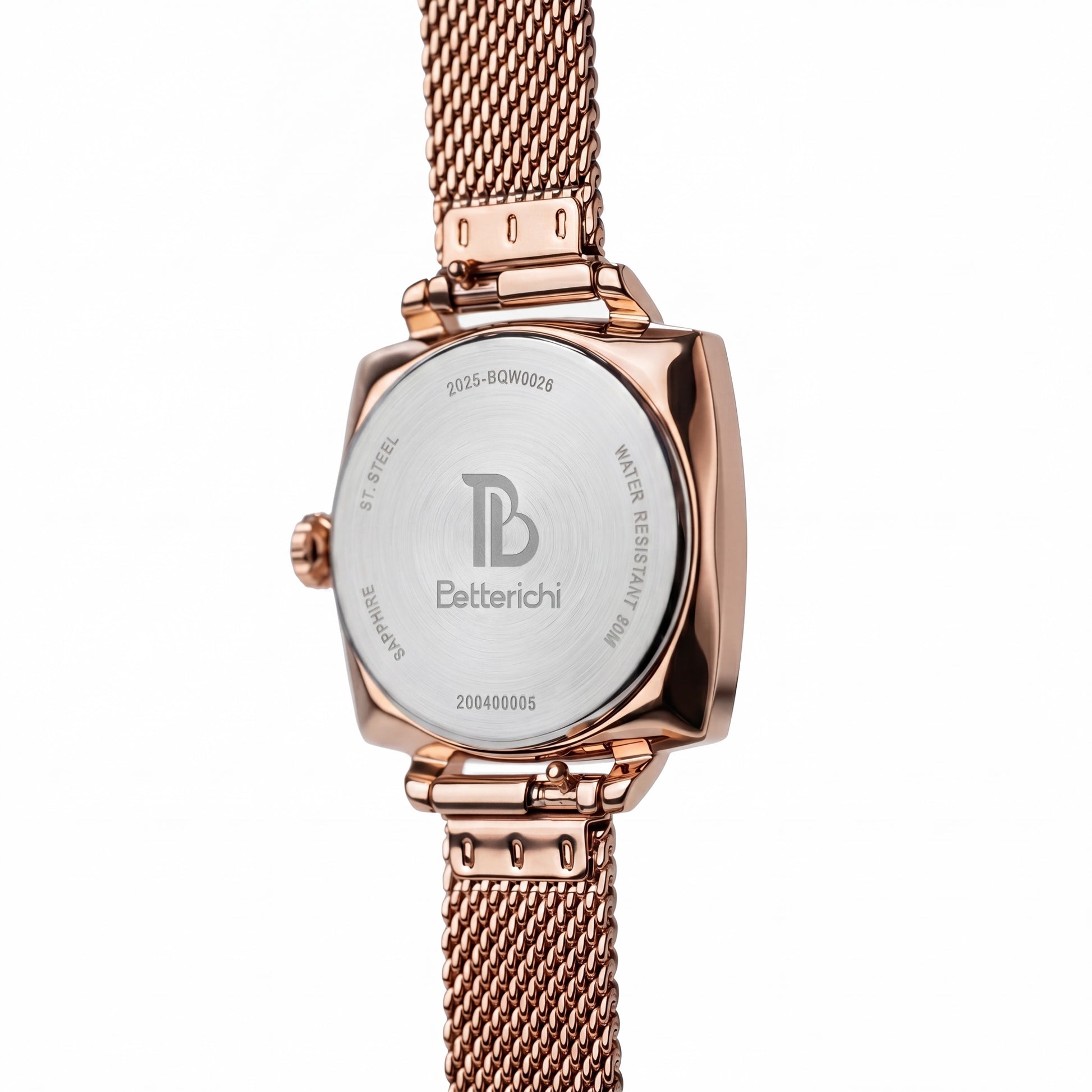 betterichi-women-watch-Close-up-of-rose-gold-square-dial-with-crystal-bezel-and-polished-rose-gold-mesh-bracelet-detail