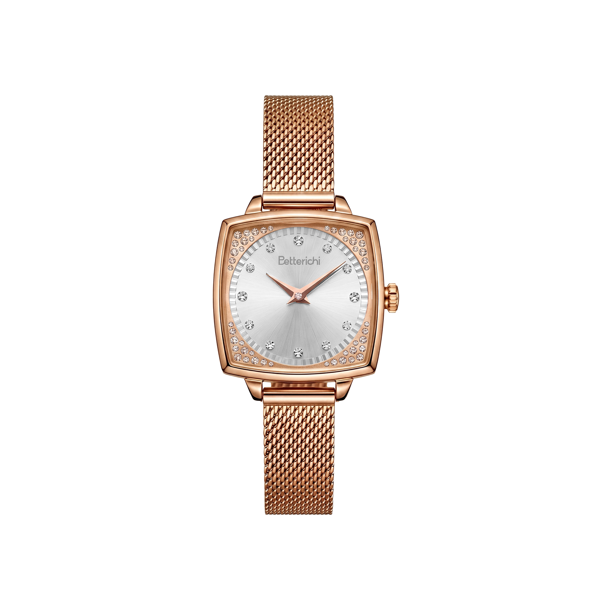 betterichi-womens-cushion-square-watch-silver-sunburst-dial-crystal-set-bezel-rose-gold-mesh-bracelet